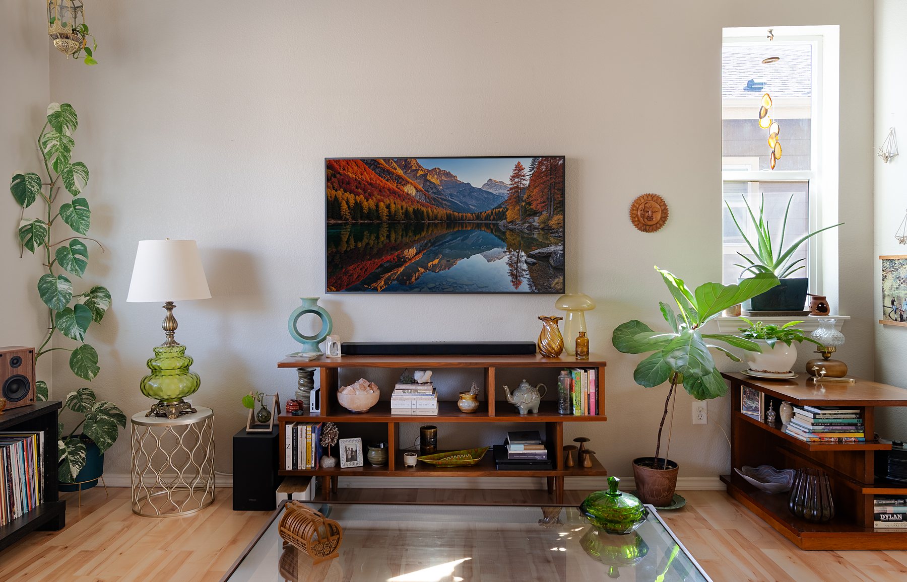 Living room with media center and seating